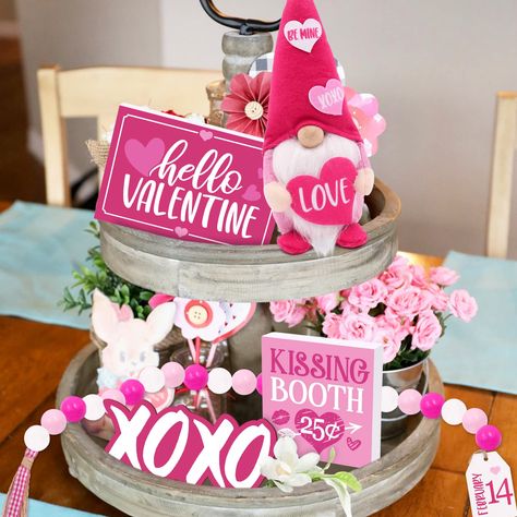 PRICES MAY VARY. GREAT VALENTINES DAY DECORATIONS - This pink tiered tray bundle is super cute would look great on a tiered tray, dining table, entry table, or as a shelf sitter in any room. It can also be used as a holiday gift, bridal shower gift or valentine's day gift. VALUE KITS - These farmhouse wood signs come in a set of 5, including 1 rectangle sign, 1 square sign, 1 xoxo sign, 1 wood bead garland, and 1 gnomes, which are well packed into a carton. You can use them to fill trays or simp Valentines Day Tiered Tray Decor, Valentine Goodies, Valentine's Day Decorations, Valentines Sign, Wedding Party Table, Wooden Bead Garland, Love Balloon, Valentines Flowers, Decor Bundle