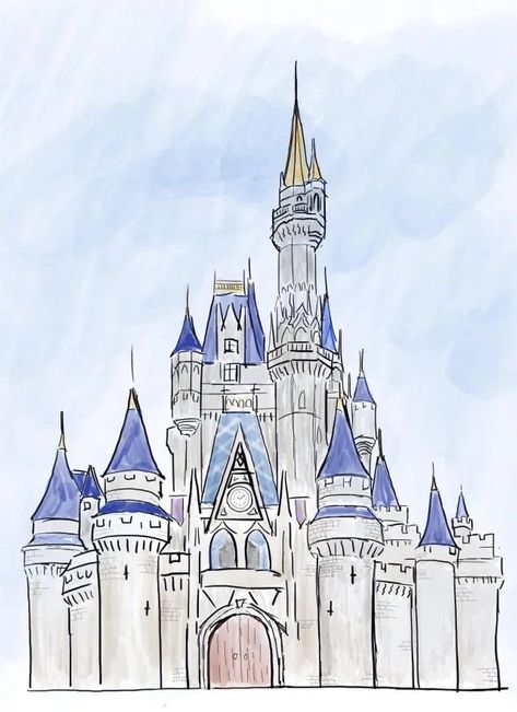 Cinderella's Castle Drawing, Castle Drawing Watercolor, Drawing Disney Castle, How To Draw Disney Castle, Cinderella Castle Painting, Cinderella’s Castle, Disney Castle Painting Easy, Disney World Castle Drawing, Disney Castle Sketch