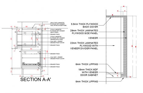 Drawer track section detail in this drawing, 22mm thick laminated plywood with veneer divider panel, 18mm thick mdf with veneer door cabinet, 28mm thick laminated plywood side panel, 5.5mm thick plywood back cover etc. Sink Drawing, Section Detail, Drawer Tracks, Laminated Plywood, Kitchen Cabinets Elevation, Presentation Board Design, Plywood Kitchen, Plywood Siding, Kitchen Drawing