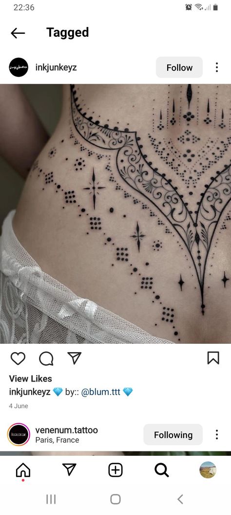 Chest Neck Tattoo, Mandela Tattoo, Feminine Back Tattoos, Lower Stomach Tattoos, Bohemian Tattoo, Artsy Tattoos, Waist Tattoos, Tattoos To Cover Scars, Neck Tattoos Women