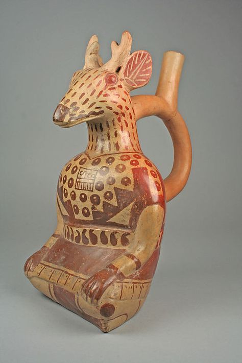 Stirrup Spout Bottle with Deer    Date:      4th–7th century  Geography:      Peru  Culture:      Moche  Medium: Ancient Decor, Vicki Grant, Historic Ceramics, Deer Ceramic, Peru Culture, Peruvian Art, Indian Pottery, Ancient Pottery, Art Premier