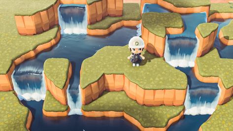 Animal Crossing Sunken Waterfall, Acnh Sunken Waterfall, Acnh Map Layouts, Acnh Terraforming, Acnh Spring, Acnh Christmas, Cottagecore Animal Crossing, Island Aesthetic, Map Ideas