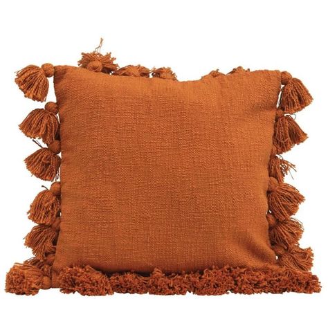 Burnt Orange Throw Pillows, Burnt Orange Throw, Pillow With Tassels, Pillow Mixing, Easy Pillows, Orange Pillow, Tassel Pillow, Pom Pom Pillows, Orange Throw Pillows