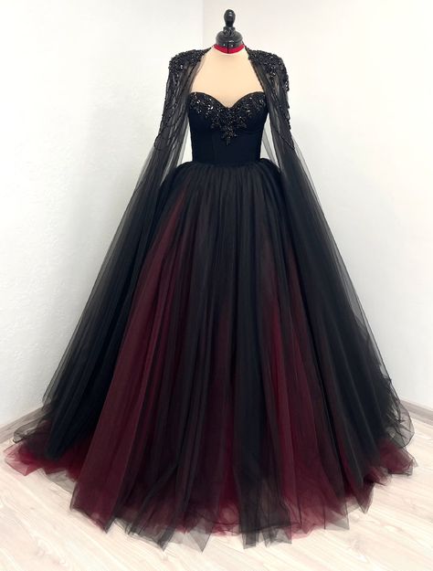 Black Gothic Red and Black Corset Tulle Wedding Dress With - Etsy UK Vampire Themed Wedding Dress, Black Gothic Ball Gown, Crimson Red And Black Wedding, Dark Fairytale Wedding Dress, Black Wedding Dresses Gothic, Black And Red Wedding Dress, Dark Fantasy Gown, Red And Black Wedding Dress, Vampire Wedding Dress