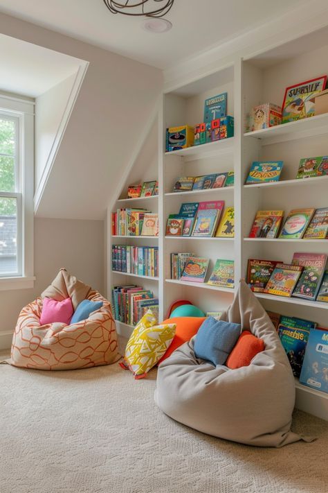 Library And Playroom, Playroom Book Nook, Teenage Playroom Ideas, Big Playroom Ideas, Playroom Interior Design, Older Kids Playroom, Kids Loft Playroom, Attic Playroom Ideas Sloped Ceiling, Basement Playroom Ideas Family Room