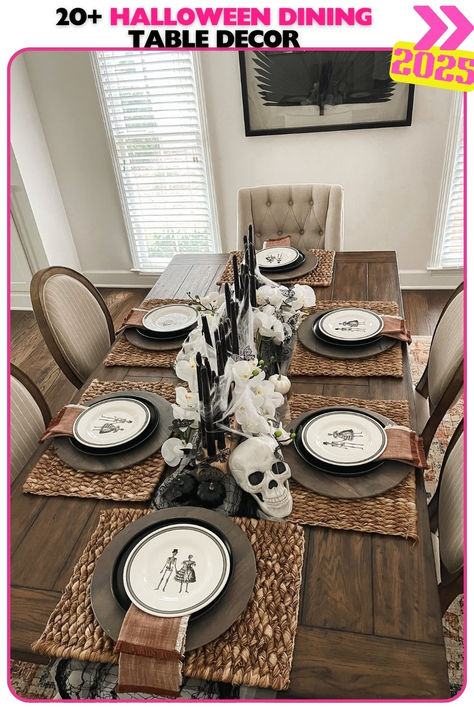 Skull-inspired Halloween dining table decor with a black and white color scheme. Skull centerpieces create a spooky vibe without overpowering the table. Ideal for a sophisticated yet eerie Halloween setting. Perfect for spooky Halloween dining table decor ideas. Halloween Dining Table Decor, Halloween Dining Table, Dining Table Decor Ideas, Table Decor Ideas, Black And White Color, Dining Table Decor, Black And White Colour, Spooky Halloween, Table Decor