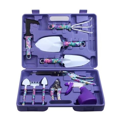 Garden Tools Set, JUMPHIGH 10 Pieces Gardening Tools with Purple Floral Print, Ergonomic Handle Trowel Rake Weeder Pruner Shears Sprayer, Garden Hand Tools with Carrying Case Gardening Gifts for Women Gardening Tool Kit, Hedge Shears, Cool Gadgets On Amazon, Kill Ants, Gardening Gifts, Water Sprayer, Plastic Moulding, Garden Tool Set, Purple Floral Print