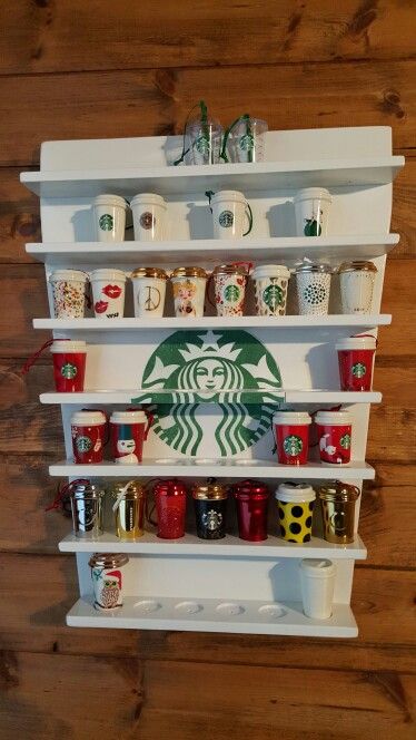 Storage For Starbucks Cups, Starbucks Cups Display Ideas, Starbucks Tumbler Organization Ideas, Starbucks Collection Display, Starbucks Ornaments Display, Starbucks Cup Storage, Starbucks Tumbler Storage Ideas, Starbucks Cup Storage Ideas, Starbucks Cup Display