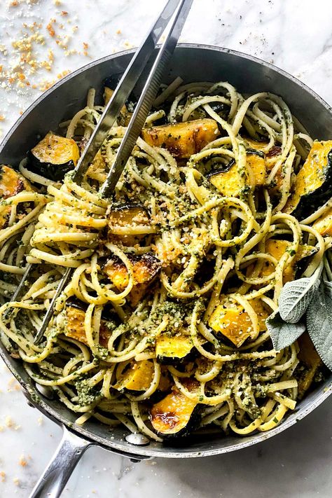 Pasta with Kale Pesto and Roasted Acorn Squash foodiecrush.com Acorn Squash Pasta, Quick Pasta Salad, Pasta With Kale, Squash Pasta Recipe, Kale Pesto Pasta, Classic Macaroni Salad, Roasted Acorn Squash, Basil Pesto Recipes, Acorn Squash Recipes