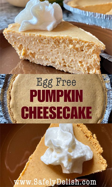 This Egg Free Pumpkin Cheesecake is the perfect combination of pumpkin pie and cheesecake, with no eggs required. It’s SO easy to make (seriously – it can be in the oven in around 10 minutes with a pre-made crust), and a hit at every holiday party I’ve brought it to! Use GF grahams or cookies in the crust for a gluten free version. Aip Thanksgiving, Gluten Free Substitutes, Homemade Graham Cracker Crust, Lemon Cheesecake Recipes, Pumpkin Pie Cheesecake, Pumpkin Cheesecake Recipes, Homemade Graham Crackers, Pumpkin Pie Mix, Eggless Recipes