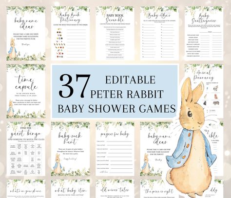 These EDITABLE PETER RABBIT GAMES  accessed via the Corjl website are perfect for a baby boy or neutral vintage baby shower and complete our Peter Rabbit Invitation Suite. All text wording, color, size, fonts, and position, background colors and images are editable. This is a digital EDITABLE invitation download only, no physical product will be shipped. You will receive your editable templates through a link in your Etsy email inbox from Corjl.com. 💛FULL BUNDLE : https://cozyforthesoul.etsy.co Peter Rabbit Games, Peter Rabbit Baby Shower Games, Peter Rabbit Baby Shower Food, Peter Rabbit Themed Baby Shower Ideas, Peter The Rabbit Baby Shower Theme, Peter Rabbit Baby Shower Ideas Boys, Beatrix Potter Baby Shower Ideas, Rabbit Baby Shower Ideas, Peter Rabbit Baby Shower Ideas