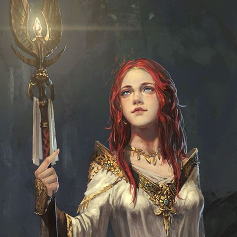 Red hair, white gown, staff, priestess, cleric, female, woman, girl. Girls With Red Hair, Arte Fantasy, 판타지 아트, Art Anime, Character Creation, Dnd Characters, Fantasy Artwork, Character Portraits, Dark Fantasy Art