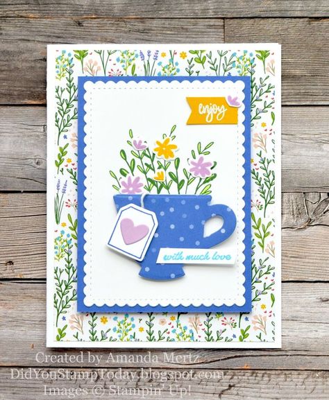 Spring Tea Cup - Stampin' Up! Cup of Tea *Sneak Peek* Tea Boutique, Tea Cup Card, Boutique Cards, Message Envelope, Greeting Cards Birthday, Country Bouquet, Warmest Wishes, Spring Tea, Coffee Cards