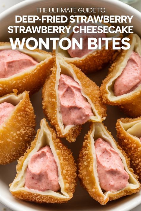 Indulge in the perfect combination of sweet and savory with our deep-fried strawberry cheesecake wonton bites. A delicious treat for any occasion. Wonton Bites, Scrolls Recipe, Garlic Meatballs, Mexican Pasta, Mozzarella Stuffed Meatballs, Dessert Bites, Fish Salad, Flavored Sugar, Creative Desserts