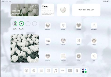 Ipad Inspo Homescreen Aesthetic, Ipad Wallpaper White, Samsung Tablet Wallpaper Aesthetic, Ipad Set Up, Ipad Homescreen Aesthetic, White Grey Aesthetic, Apple Layout, Ios16 Homescreen, Aesthetic Ipad Homescreen Layout