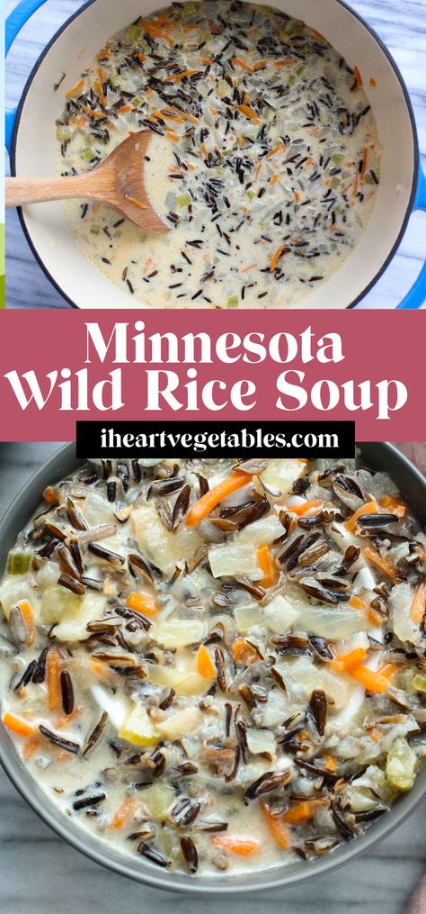 This Minnesota Wild Rice Soup is creamy and delicious with a rich broth and hearty wild rice. This meatless meal is perfect for a chilly winter evening! Minnesota Wild Rice Soup, Minnesota Wild Rice, Wild Rice Soup Recipes, Wild Rice Recipes, Chicken Wild Rice Soup, Rice Soup Recipes, Vegetarian Soup Recipes, Chicken And Wild Rice, Wild Rice Soup