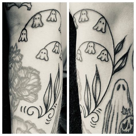 Lily of the valley tattoo, spooky tattoo, ghost tattoo, haloween tattoo, flower tattoo, floral tattoo, lilies of the valley Ghost Lily Of The Valley Tattoo, Spooky Lily Of The Valley Tattoo, Ghost Tattoos Flower, Ghost Stamp Tattoo, Fall Tattoos Autumn, Ghostlight Tattoo, Ghost Lily Of The Valley, Ghost Flowers Tattoo, Lily Of The Valley Ghost Tattoo