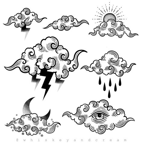 Engraving style cloud flash with thunder, rain and moon. Made by whiskeyandcream Rain Cloud Tattoos, Cloud Tattoos, Cloud Tattoo Design, Rain Tattoo, Tattoo Sheets, Storm Tattoo, Lightning Tattoo, Ukraine Art, Painted Converse