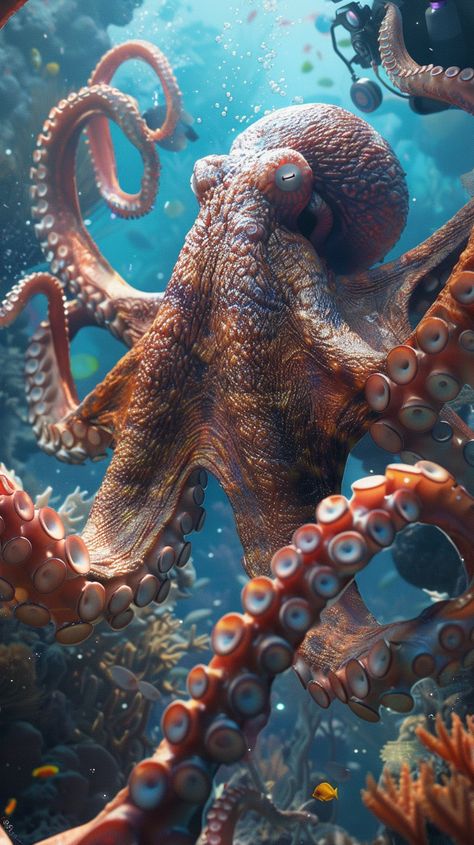 #LargeOctopus #UnderwaterCorals #SmallDiver #Realistic4k #Mark5Helmet Blue Ringed Octopus Photography, Cracken Octopus, Octopus Photography, Octopus Photos, Octopus Species, Octopus Pictures, Octopus Images, Ocean Life Photography, Ocean Therapy