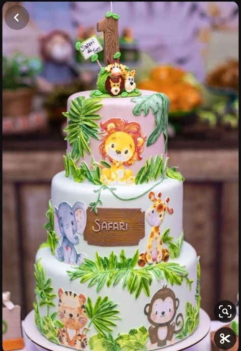 Animal Theme Cake Without Fondant, Jungle Theme Cake Without Fondant, Jungle Theme Birthday Cake, Cake Without Fondant, Pastel Safari, Jungle Theme Cake, Cakes Without Fondant, Jungle Safari Cake