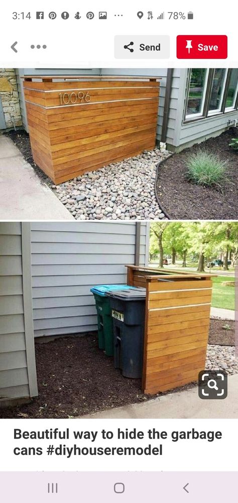 Trash Can Storage Outdoor, Hide Trash Cans, Wood Trash Can, Garbage Can Storage, Trash Can Covers, Outdoor Trash Cans, Backyard Renovations, Side Yard, House Landscape