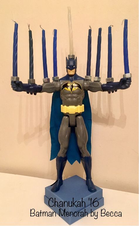 DIY Batman Menorah Diy Menorah Ideas, Hannukah Crafts Kids, Menorah Diy, Chanukah Crafts, Diy Menorah, Hanukkah Decorations Diy, Jewish Decorations, Hannukah Crafts, Diy Batman