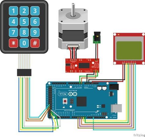 A circuit diagram to control the movement of a stepper motor by entering a value in millimeters using an Arduino a keypad and display the position on a Nokia LCD. Arduino Stepper Motor Control, Computing Display, Arduino Stepper, Arduino Display, Arduino Motor, Arduino Lcd, Arduino Projects Diy, Arduino Cnc, Arduino Programming