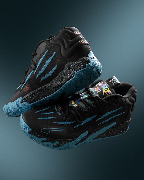 NEVER NOT BALLIN‘ | - BLUE HIVE - Dressed in black with blue accents and the rainbow finish on the tongue. The Puma MB.03 'Blue Hive' is clean! Grab your pair… | Instagram Ball Shoes, Lamelo Ball, The Tongue, Hype Shoes, Volleyball Shoes, Custom Apparel, Blue Accents, The Rainbow, Random Things