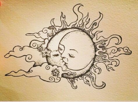 Moon And Sun Kissing, Sun And Moon Lovers Tattoo, Sun And Moon Kissing Tattoo, Sun And Moon Kissing, Clouds And Stars Tattoo, Hugging Drawing, Pencil Tattoo, Kissing Drawing, Kiss Painting