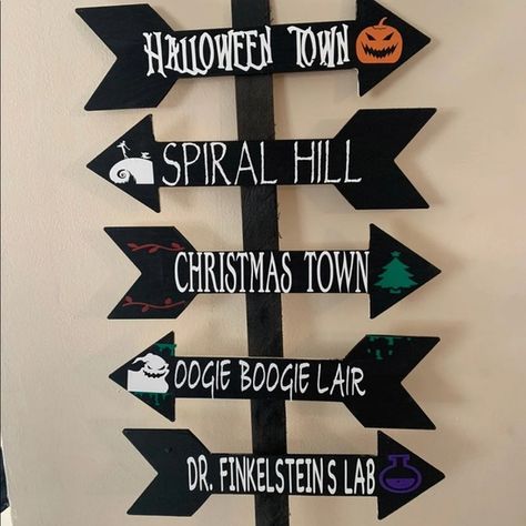 Shop cdonnelly1010's closet or find the perfect look from millions of stylists. Fast shipping and buyer protection. Handmade and hand crafted nightmare before Christmas arrow location / destination sign with arrows directing to Halloween town, spiral hill, Christmas Town, oogie boogie lair, and dr. Finkelsteins lab (Please note wood is 1/4 wide and signs are painted front. Pictures show sign with 38 inch height ) Nightmare Before Christmas Decorations For Christmas, Nightmare Before Christmas Doors, Halloween Town Door, Nightmare Before Christmas Halloween Door, Nightmare Before Christmas Door Contest, Oogie Boogie Lair, Nightmare Before Christmas Christmas Decorations, Nightmare Before Christmas Party Decor, Diy Nightmare Before Christmas Decor