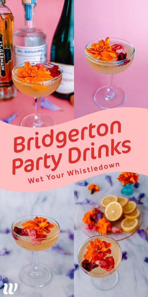 How to Make a Bubbly Bridgerton Cocktail. As sweet and tart as Lady Whistledown herself, this fizzy, floral cocktail will be the buzz of the town. Pinkies up! Plan the food and drinks for your Bridgerton British Party and start by making these cute Cocktails. Whimsy Soul. Bridgerton Cocktail, Cute Cocktails, British Party, Lady Whistledown, Bridgerton Inspired, Tea Party Theme, Tea Party Food, Themed Drinks, Tea Party Bridal Shower