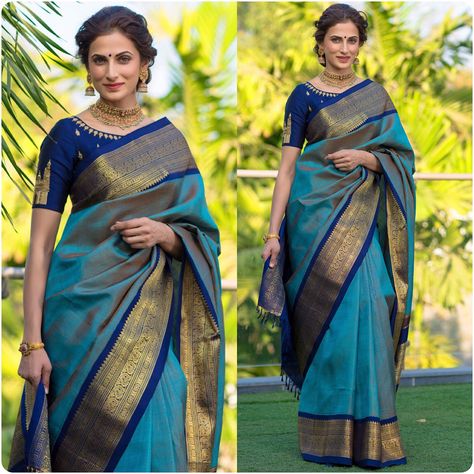 Blue teal kanchipuram silk sari by Shilpa Reddy Blue Silk Saree, Karen Willis Holmes, Indian Saree Blouses Designs, Silk Saree Blouse Designs, Sonakshi Sinha, Hippy Chic, Traditional Saree, Bollywood Style, Saree Blouse Designs Latest