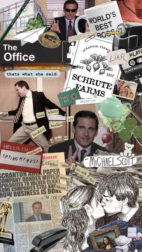 the office 🖇️ #rennaissance #vintage #vibes #wallpaper #art #quotes #movies #tv #theoffice #theofficeus #theofficeshuffles #dwightschrute #jimandpam #pamandjim #paper #papercraft #humor #funny #funnyshuffle The Office Collage Wallpaper, Wallpaper Backgrounds The Office, The Office Collage, The Office Wallpaper, Worlds Best Boss, Office Tv Show, Office Tv, The Office Show, Dwight Schrute