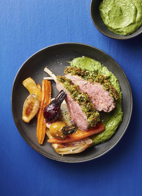 Lamb With Mint Jelly, Meat And Three, Dish Magazine, Veg Dinner Recipes, Lamb Rack, Crusted Rack Of Lamb, Lamb Dishes, Leg Of Lamb, Roasted Vegetable Recipes