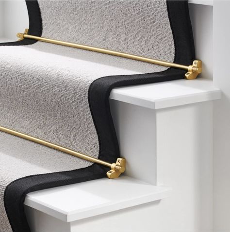 Staircase Carpet Runner, Luxury Stairs, Staircase Runner, Stair Rods, Brass Cabinet Handles, Staircase Ideas, Metal Stairs, Hallway Designs, Staircase Railings