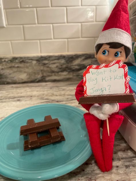 Elf on the Shelf wants to play Kit Kat Jenga. Elf Jenga, Elf On The Shelf Kit, Elf Ideas, Kit Kat, On The Shelf, Elf On The Shelf, To Play, Elf, Shelves