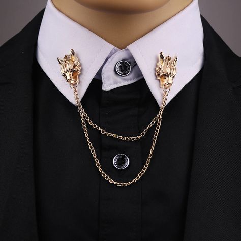 A pair of wolf collar clips, because door knockers have some serious stealable style. 41 Stunning Accessories To Make Your Wardrobe More Exciting In 2018 Shirt Collar Pins, Collar Clips, Look Retro, Collar Chain, Head Chain, Collar Pins, Black Suit, Soft Grunge, Mode Inspiration