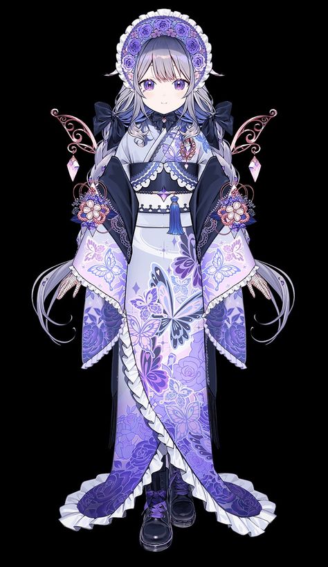 Vtuber Kimono, Genshin Oc Inazuma, Kimono Character Design, Vogue Poses, Costume Design Sketch, Kimono Design, Art Tools Drawing, Japanese Characters, Mascot Design