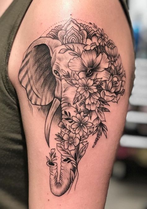 Gorgeous elephant and floral tattoo done by @hardworksingh a while back in black and grey realism on the arm. A collage of an animal with flowers is always so beautiful and surreal! Realistic Elephant Tattoo, Elephant Thigh Tattoo, Mandala Elephant Tattoo, Floral Elephant, Elephant Tattoo Design, Forearm Tattoo Women, Shoulder Tattoos For Women, Elephant Tattoo, Thigh Tattoos Women