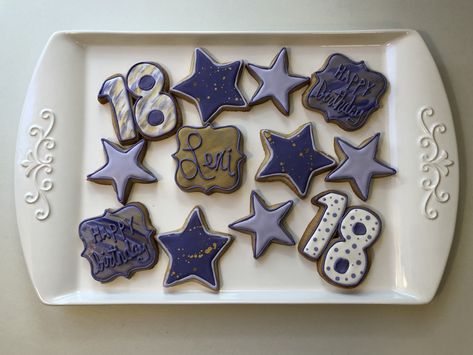 Purple & Gold 18th Birthday Cookies by Chrisy’s Creations 18th Birthday Cookies, Gold 18th Birthday, Baby Boy Cookies, Birthday Cookies, Boy Birthday Parties, Birthday Themes, Boy Party, Grad Parties, Cheese Frosting