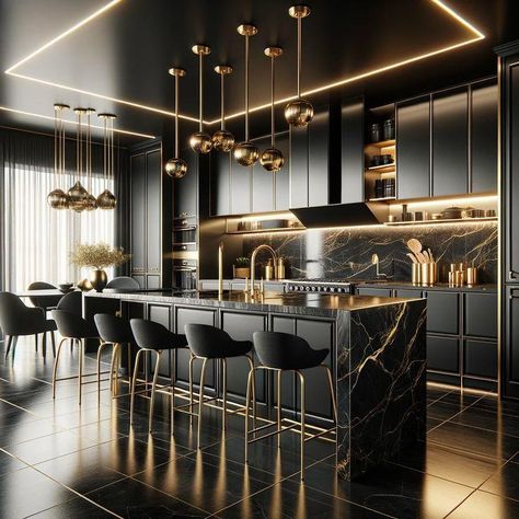 Top 27 Black and Gold Modern Kitchens: Luxurious and Elegant Designs Black And Gold Kitchen, Black And Gold Accents, Popular Kitchen Designs, Modern Luxury Kitchen, Kitchen Queen, House Outer Design, Gold Kitchen, Kitchen Island Design, House Design Kitchen