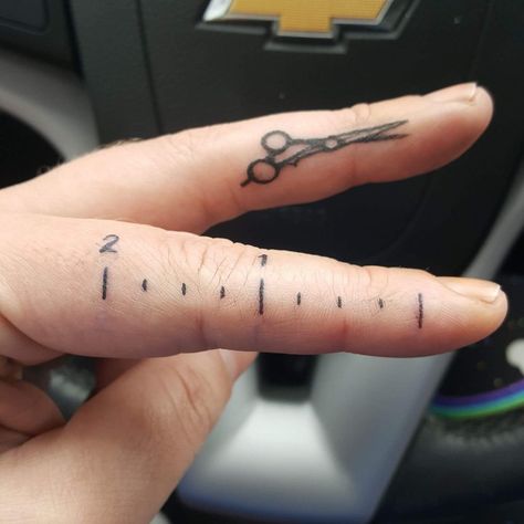 Ruler On Finger Tattoo, Hairstylist Finger Tattoos, Ruler Hand Tattoo, Hairstylist Hand Tattoos, Scissor Finger Tattoo, Ruler Finger Tattoo, Finger Ruler Tattoo, Ruler Tattoo Finger, Cosmetology Tattoos Hairstylists