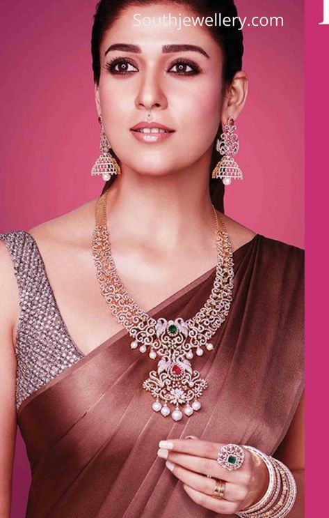 Nayanthara in a diamond haram paired with diamond jhumkas, bangles and ring by Tanishq jewellery. nayanthara jewellery ad Diamond Haram, Tanishq Jewellery, Diamond Necklace Indian, Pearl Bangles, Indian Diamond Jewellery, Salwar Pattern, Diamond Jewelry Set, Gold Necklace Indian Bridal Jewelry, Diamond Necklace Designs