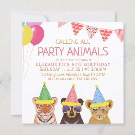 $1.90 | Party Animals Pink Birthday #wild, animal, pink, 6th birthday, kids, girl, zoo, wild animals, calling all party animals, cute Calling All Party Animals, Boy Birthday Invitations, Party Animals, Blue Birthday, Birthday Invitations Girl, Pink Birthday, Birthday Design, 6th Birthday, Free Birthday Invitations