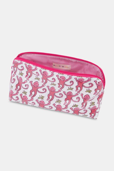 Perfect for traveling as well as daily use, our Monkey makeup bag will keep all of your beauty essentials neatly organized. Our playful monkey print ensures this bag becomes a staple in your travel kit. Materials and Care 100% Cotton Canvas with Protective Poly Coating Water-Resistant Wipe Clean Imported Measurement Information Small: 8" W, 4.75" H, 2.5" D Large: 10.5" W x 6.25" H, 3.25" D Roller Rabbit Pencil Case, Monkey Makeup, Monkey Bag, Preppy School Supplies, Preppy Accessories, Pink Monkeys, School Bag Essentials, Monkey Print, Roller Rabbit