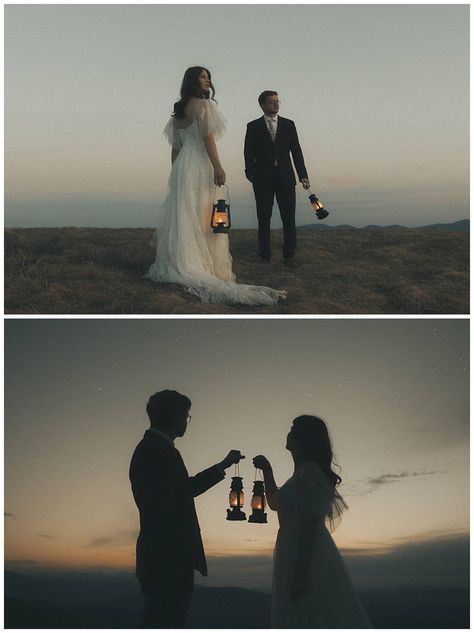 Camping Wedding Photography, Lantern Photoshoot Ideas, Couple Lantern Photos, Elopement Ideas Photography, Lantern Couple Photoshoot, Fantasy Elopement, Lantern Photoshoot, Elopment Photoshoot Ideas, Mountain Photoshoot Ideas