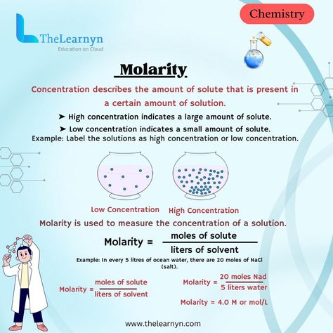 Understanding molarity just got easier! Let's dive into the world of solutions and concentrations with this simple guide. 🔹 What is Molarity? 🤔 Molarity, represented by "M," is a measure of the concentration of a solute in a solution. It's calculated by dividing the number of moles of solute by the volume of the solution in liters. 🧪 🔹 Why is Molarity Important? 🌟 Understanding molarity is crucial in chemistry because it helps us accurately measure and describe the strength of a solution. W... Solutions Chemistry, Chemistry Tips, What Is Chemistry, Chem Notes, Body Knowledge, Learn Chemistry, Essay Writing Examples, Writing Examples, Clinical Chemistry