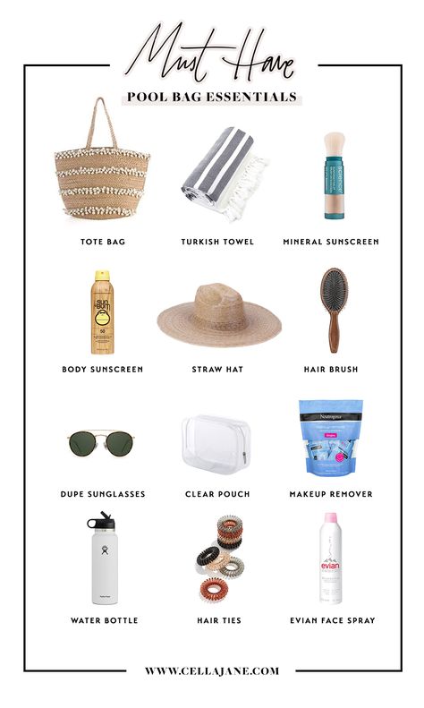 Pool Bag Essentials | Cella Jane Pool Day Checklist, Beach Bag Giveaway, Spa Day Bag Essentials, Beach Vacation Goodie Bags For Adults, Surf Bag Essentials, Picnic Bag Essentials, Beach Aesthetic Essentials, Beach Bag Essentials For Women, Beach House Essentials