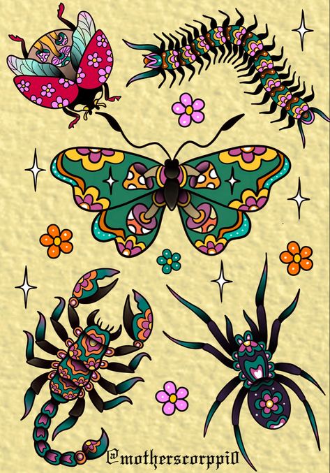 American Traditional Beetle, Traditional Bugs Tattoo, Traditional Insect Tattoo, Traditional Bug Tattoo Flash, Traditional Bug Tattoo, Flowers And Bugs Tattoo, America Traditional Butterfly Tattoo, Skull Butterfly Tattoo Traditional, Bug Flash Sheet