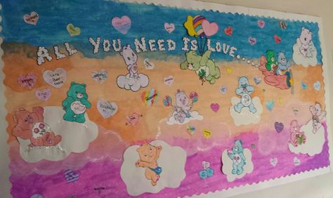 all you need is love-care bears board Care Bear Door Decs, Care Bears Classroom Theme, Care Bears Bulletin Board, Carebear Classroom Theme, Care Bear Classroom Theme, Care Bear Bulletin Board, Care Bear Classroom, Preschool Classroom Themes, Bulletin Ideas